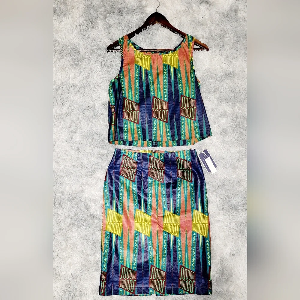 Legend & Song Kente Print, Dutch Wax Sleeveless Crop Top & A-Line Skirt, size 2